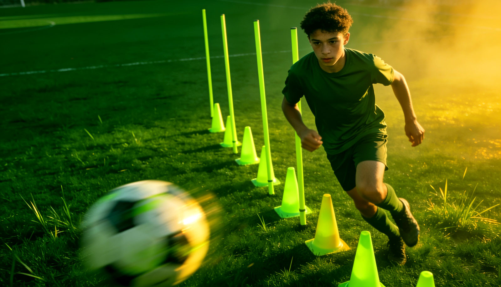 A young player running a cone drill in training